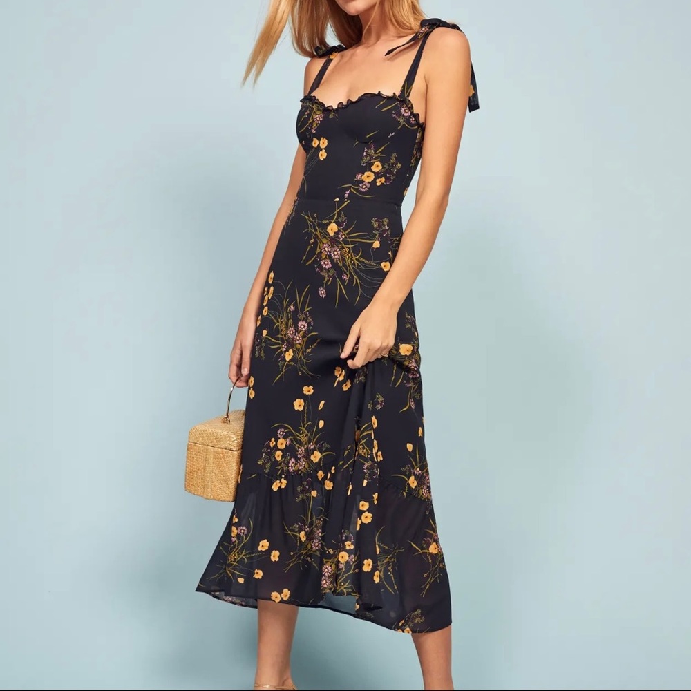 Reformation Navy and Yellow Floral Midi Dress - Picture 3 of 13